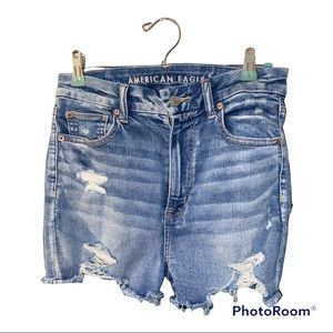 Distressed. Curvy super hi rise shortie.